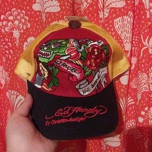 He Works (?) Green Skull Ed Hardy Hat